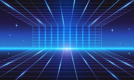 wireframe net background. abstract digital banner with glowing cyber grid. futuristic perspective of cyberspace and metaverse. game design. neon 3d vector illustration in retro futurism style