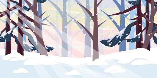 vector illustration of a beautiful winter landscape. cartoon scenes of a winter forest landscape with christmas trees, tree trunks with branches, snowdrifts, snowflakes, rays of the sun, the sky.
