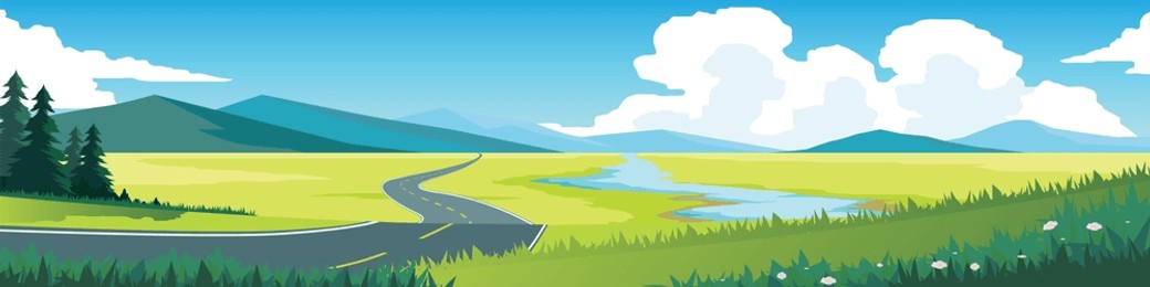 curved road on the grassland. asphalt road leading to the destination ahead. green grass field with river flowing through it. vector or illustration. transportation and nature background for banner.