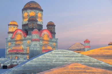 famous buildings made of ice at harbin ice and snow world
