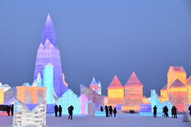 colourful ice sculptures at the harbin snow  ice festival