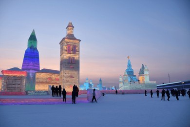 famous buildings made of ice at harbin ice  snow world
