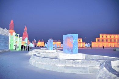 wintery scenes amongst the ice sculptures at harbin ice and snow world