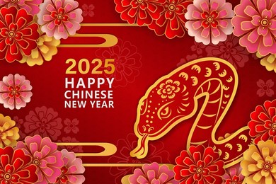 happy chinese new year of golden relief snake and round peony flower curve wave