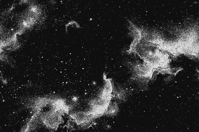 milky way, galaxy, nebula, stars in pointillism style. vintage stippled background of deep space. vector illustration in retro grainy grunge texture for music poster, concert banner, cd cover, collage