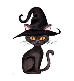 watercolor halloween black cat in witch hat sitting. cute pet wearing a halloween costume.