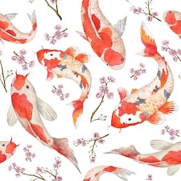 watercolor oriental pattern with rainbow carps. seamless oriental texture with isolated hand drawn fishes and blossom cherry. asian natural background in vector