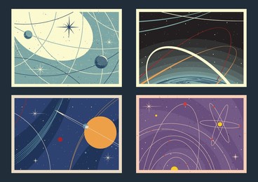 space posters vector template. mid century modern space age posters style background, 1950s - 1960s colors and shapes 