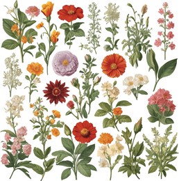 beautiful romantic flower collection with roses, leaves, floral bouquets, flower compositions.