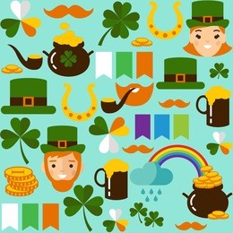 seamless background with saint patricks day icons. simple multicolor seamless background with  leprechaun, clover, pot, gold, hat,  horseshoe, rainbow, ireland, coins