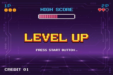 level up. pixel art .8 bit game. retro video game. for game assets.	
retro futurism sci-fi background. glowing neon grid and star from vintage arcade computer games