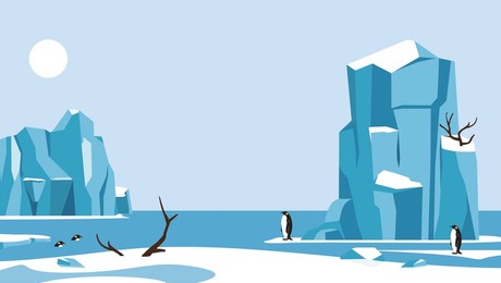 illustration of a natural landscape of the north pole, a wild area of ​​ice land with penguins and glaciers