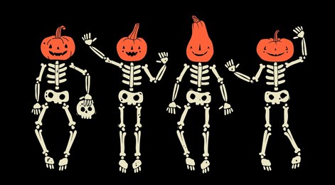 set of human skeletons with pumpkin head. hand drawn modern vector illustration. isolated design elements. poster, print template. cute creepy characters. halloween, spooky, horror, holiday concept