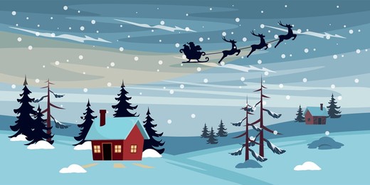 vector illustration of a beautiful winter landscape. cartoon landscape scene with mountains, houses, christmas trees, snowdrifts,snowflakes,silhouettes of santa claus on a sleigh with deer in the sky.
