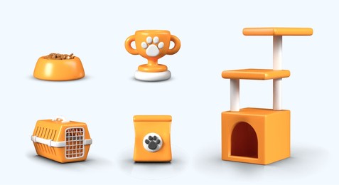 food bowl, gold trophy, carrier, bag with paw print, cat house with several beds