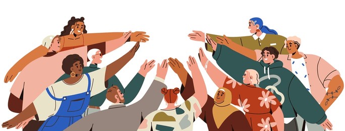 team, community hands reaching together for support and unity. diverse multicultural group, people society bonding in solidarity and cooperation. flat vector illustration isolated on white background