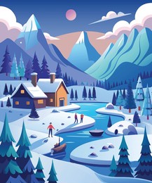 the image depicts a winter landscape with snow-covered mountains, a cabin, a frozen river, pine trees, and people in winter attire. the sky is clear with a setting sun and clouds.