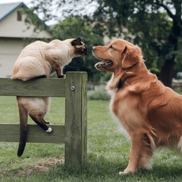 a photo of a happy and healthy dog playing with a cat. the dog is a golden retriever and is standing on grass. the cat is a siamese andis sitting on a wooden fence. the dog is barking at the cat, and 