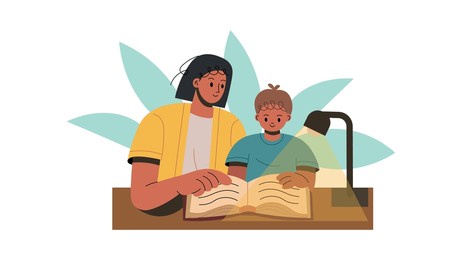 mom helps her child with homework. mom reads a book to her child. flat vector illustration