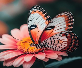 a stunning close-up photograph capturing the delicate beauty of a butterfly resting on a vibrant flower. the intricate patterns on the butterfly's wings are showcased in vivid detail