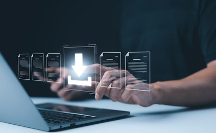 digital file download and data transfer technology. person interacting with digital interface to download files, symbolizes modern data transfer, file management, technology-driven business operations