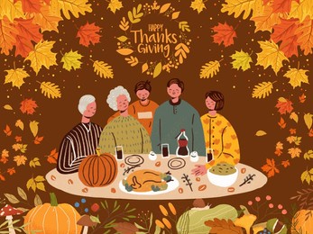 happy thanksgiving celebration on november 28th, with gathering of family member,fall season and withered leaves, pumkin and any kind harvested fruit and grains from farms. with brown backgrounds