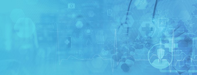 a medical background filled with healthcare icons, data visualizations, and a digital overlay. 