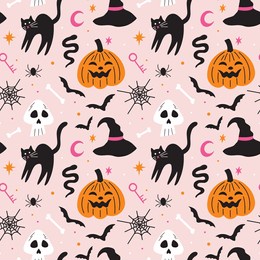 cute pink spooky halloween themed vector seamless pattern design with carved pumpkin, bats, black cat, witchy hat, skull illustration in cartoon retro groovy funky style for wrapping paper, background
