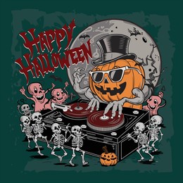 vector illustration of a poster of dj pumpkin having a halloween party surrounded by skeletons and ghosts with a moon background.