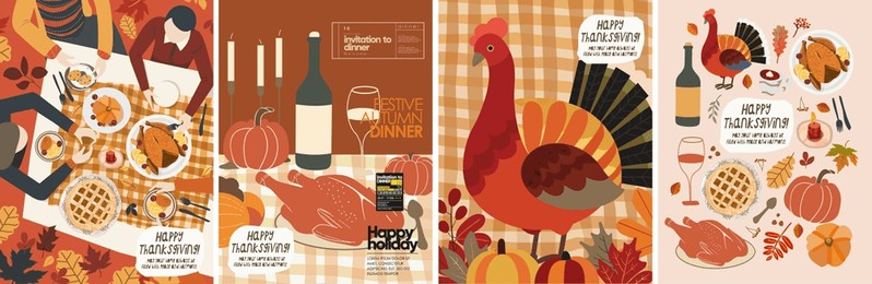 happy thanksgiving. vector illustration of turkey, festive family dinner or lunch with friends at table with food, pumpkin, icons for greeting card, party invitation, background or poster