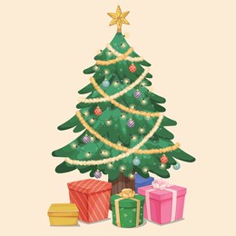 christmas tree with ornaments baubles christmas light garland ribbon and gift boxes vector illustration