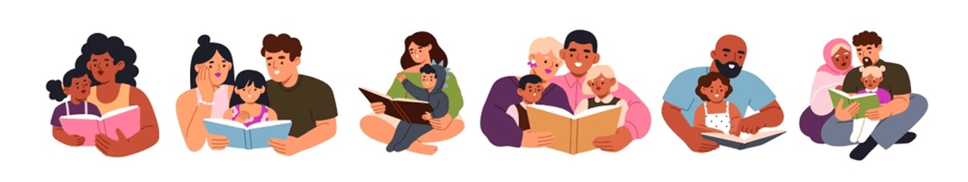 family reading together set. parents, little children with story books. mothers, fathers and kids learning together. childs education by mom, dad. flat vector illustration isolated on white background