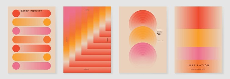 collection of 70s color gradient poster background vector. set of retro wall decoration, groovy, trippy, geometric shape. vintage hippie wall art for interior, decorative, banner, cover, card.