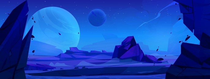 dark night blue alien planet surface with desert and rock cliff mountains. cartoon vector fiction outer space landscape with big stones and celestial bodies in sky for game level background.