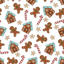 seamless christmas cookie pattern of gingerbread house, ginger man, caramel candy cane isolated on white background. web design, print, packaging, wallpaper.