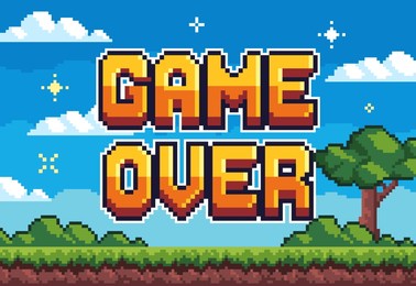 game over background. pixel 8 bit banner for retro video game screen. vintage landscape with trees and sky for arcade platformer game. retro vector illustration in pixel art style