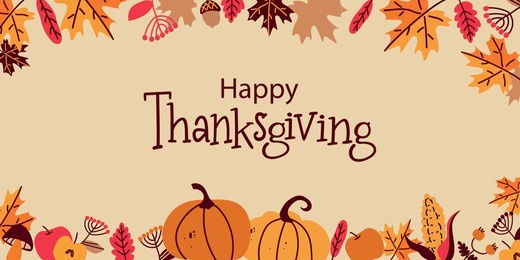 happy thanksgiving day with autumn leaves, pumpkins, berries, mushrooms. hand drawn text lettering for thanksgiving day. vector illustration. thanksgiving greetings card, shirt, banner, poster.