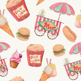watercolor fast food pattern. seamless texture with vintage style food: ice cream, pop corn, cake, hot dog, hamburger. retro background