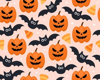  halloween seamless pattern. halloween pumpkins, jack-o-lanterns, bats and corn candies on a pink backgroung. funny cute design for wrapping paper.