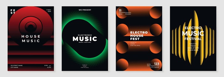 music poster design background vector set. electro sound cover template with vibrant abstract gradient geometric shape. ideal design for social media, flyer, party, music festival, club.