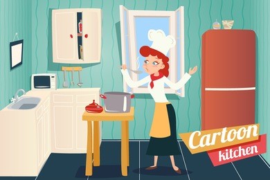 cartoon apartment kitchen interior house room retro vintage background vector illustration