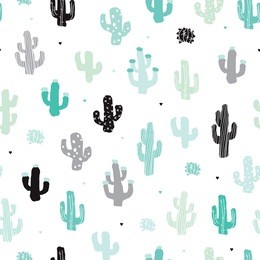 seamless soft mint and blue cactus forest illustration background pattern in vector