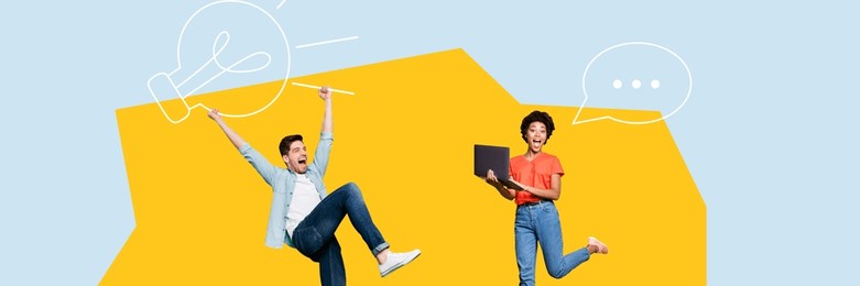 panoramic creative collage young woman man project management colleagues laptop digital device celebrate success energetic victory