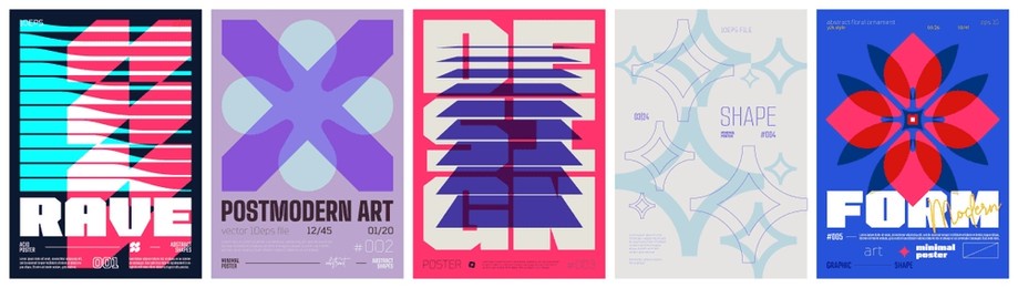 set modernism art colorful trendy poster, artwork minimalistic and  brutalism style, abstract geometric a4 rave postmodern composition, vector simple shapes print graphic in y2k aesthetics, set 8