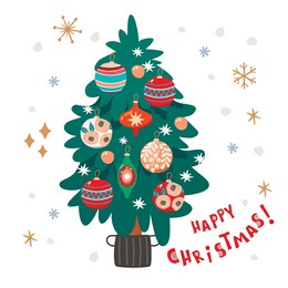 happy christmas!cartoon card with tree and decorations.colorful painted balls,spruce in a pot and handwritten.vector design on white background.cute print on fabric and paper.flat illustration.