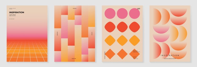 collection of 70s color gradient poster background vector. set of retro wall decoration, groovy, trippy, geometric shape. vintage hippie wall art for interior, decorative, banner, cover, card.