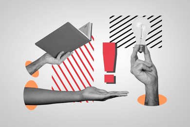 composite photo collage of hands hold business planner exclamation important project finding light bulb idea isolated on painted background