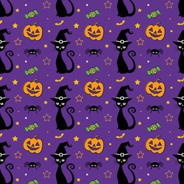 halloween seamless pattern. spooky vector bat, spider, black cat, pumpkin, witch hat  isolated illustration on purple background, wallpaper. halloween background.