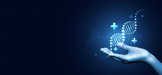 dna for presenting dna molecule research. biology, science, innovation, genetic research, science with molecules and atoms. hand with plus and medical icon.