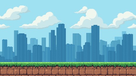 pixel art city game level background, seamless 8 bit retro video game style, grass, cityscape, skyscrapers, vector illustration